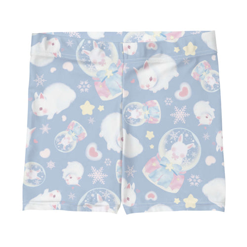 Snow Bunny kawaii shorts with fluffy white bunnies and snow globes