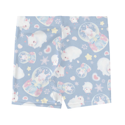Snow Bunny kawaii shorts with blushing bunnies and blue satin bows