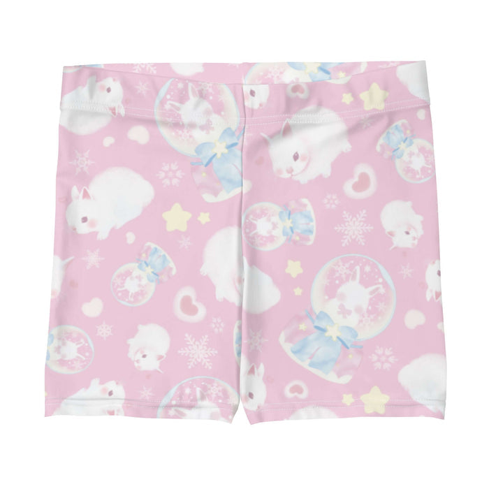 Snow Bunny kawaii shorts in pink with snow globes and drifting snowflakes