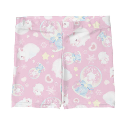 Snow Bunny kawaii shorts in pink with snow globes and drifting snowflakes