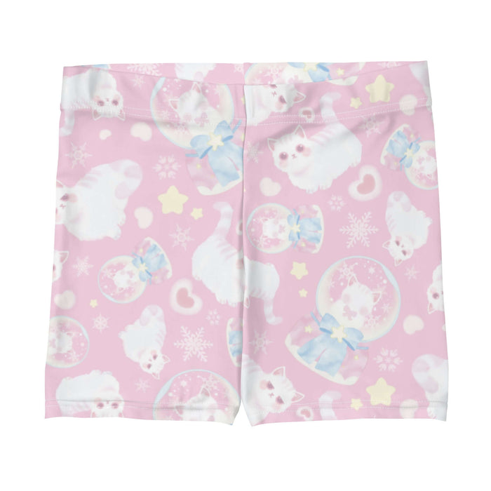 Snow Kitten kawaii shorts in pink with fluffy white kittens and snow globes