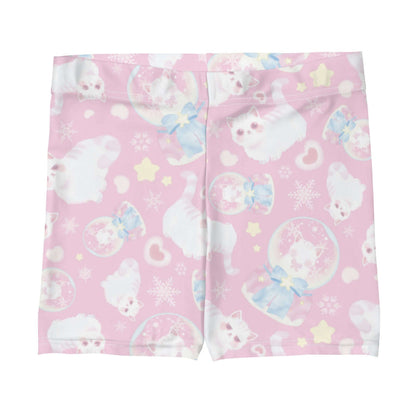 Snow Kitten kawaii shorts in pink with fluffy white kittens and snow globes