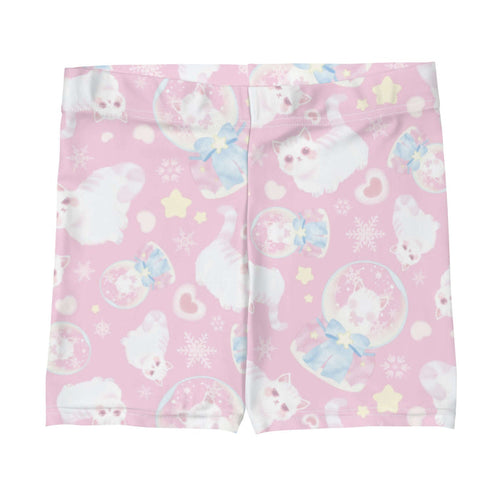 Snow Kitten kawaii shorts in pink with fluffy white kittens and snow globes