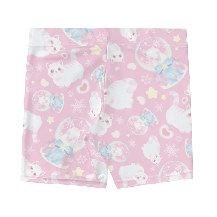 Snow Kitten kawaii shorts in pink with blushing kittens and blue and pink bows