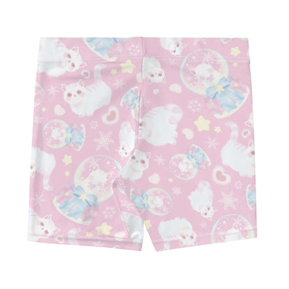 Snow Kitten kawaii shorts in pink with blushing kittens and blue and pink bows