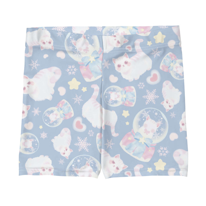 Snow Kitten kawaii shorts with snow globes and drifting snowflakes