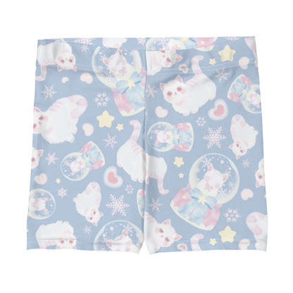 Snow Kitten kawaii shorts with snow globes and drifting snowflakes