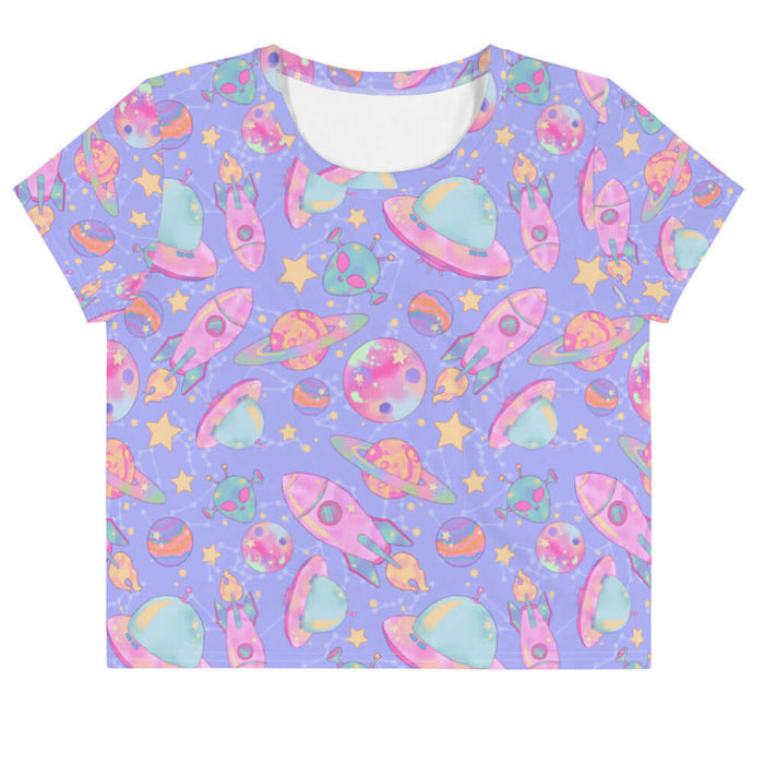 Space kawaii crop top in lavender with pink rockets and ringed Saturns