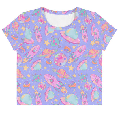 Space kawaii crop top in lavender with pink rockets and ringed Saturns