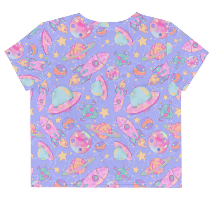Space kawaii crop top in lavender with mint flying saucers and cream stars