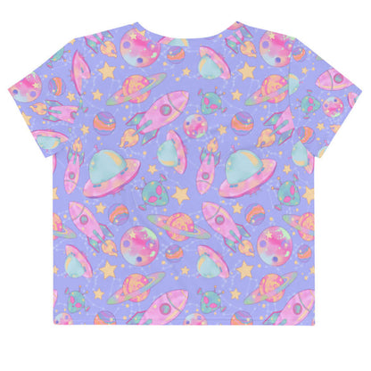 Space kawaii crop top in lavender with mint flying saucers and cream stars