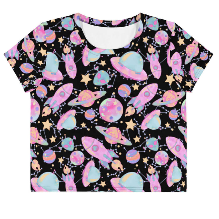 Space kawaii crop top in lavender with rainbow-swirled planets and glowing orbs