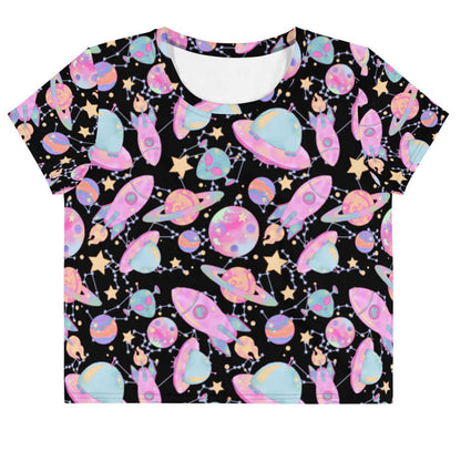 Space kawaii crop top in lavender with rainbow-swirled planets and glowing orbs