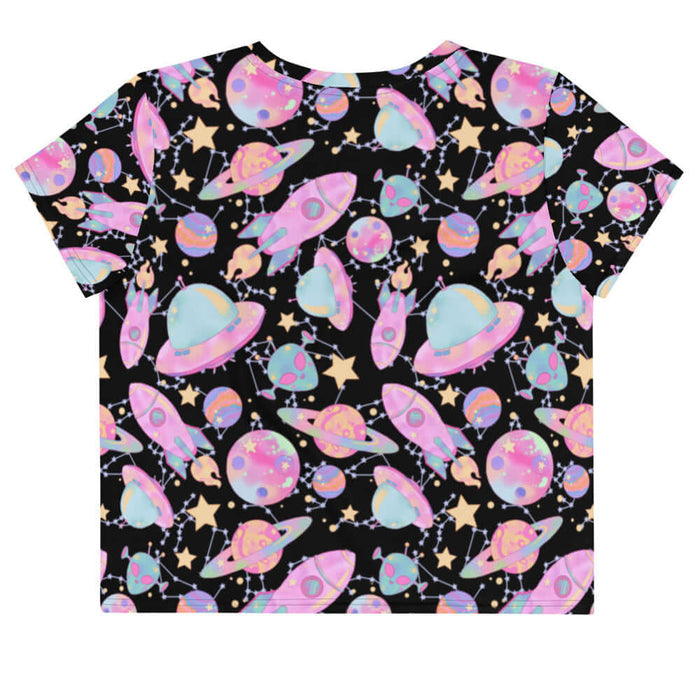 Space kawaii crop top in lavender with mint aliens and crescent moons