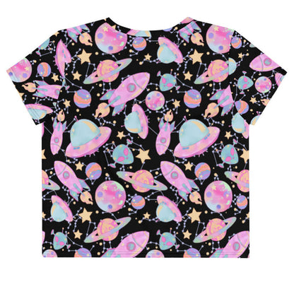 Space kawaii crop top in lavender with mint aliens and crescent moons