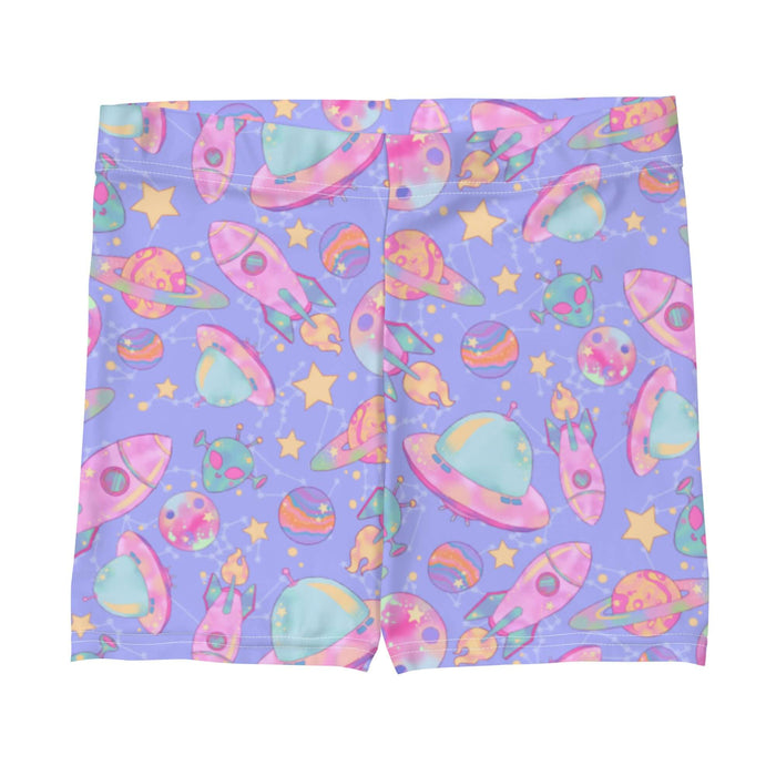 Space kawaii shorts in lavender with pink rockets and ringed Saturns