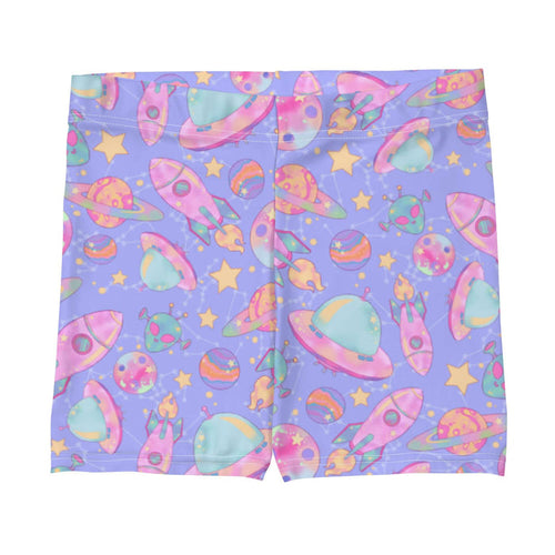Space kawaii shorts in lavender with pink rockets and ringed Saturns