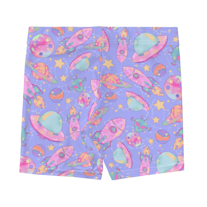Space kawaii shorts in lavender with mint flying saucers and cream stars