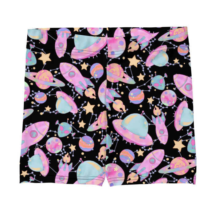 Space kawaii shorts in lavender with rainbow-swirled planets and glowing orbs