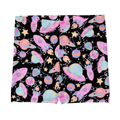 Space kawaii shorts in lavender with rainbow-swirled planets and glowing orbs