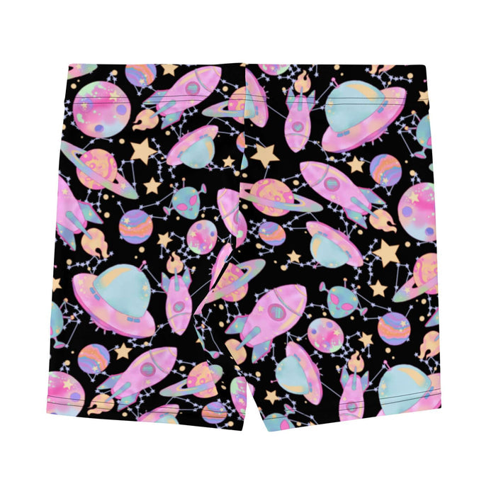 Space kawaii shorts in lavender with mint aliens and crescent moons