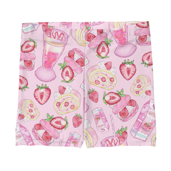 Pink kawaii Strawberry shorts with strawberry milk cartons and whipped cream swirls