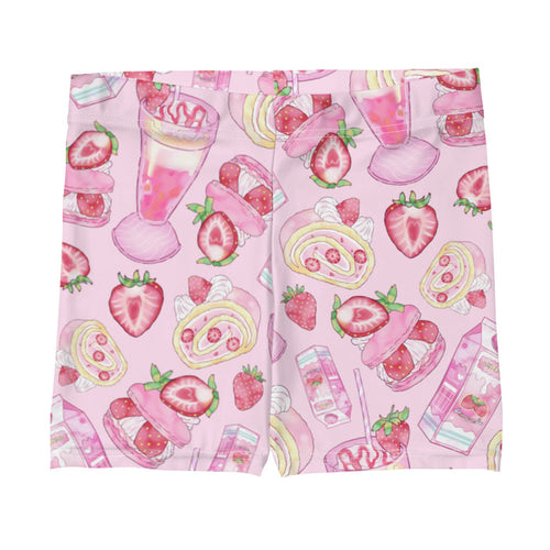 Pink kawaii Strawberry shorts with strawberry milk cartons and whipped cream swirls