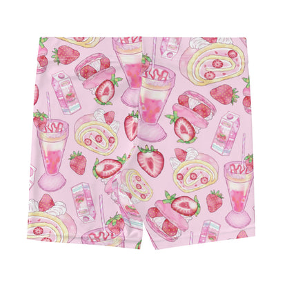 Pink kawaii Strawberry shorts with strawberry milk cartons and macarons