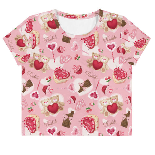 Sugar Sweetheart kawaii crop top in pastel pink with ribbon-tied chocolate bars and strawberries