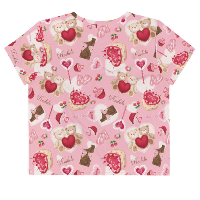 Sugar Sweetheart kawaii crop top in pastel pink with heart-shaped macarons and paired cherries