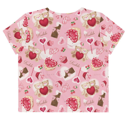 Sugar Sweetheart kawaii crop top in pastel pink with heart-shaped macarons and paired cherries