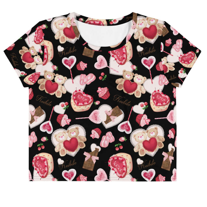 Sugar Sweetheart kawaii crop top with XOXO heart cakes and heart-shaped macarons