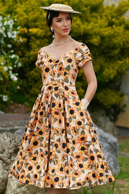 Lily Sunflower Off Shoulder Dress in Beige/Yellow