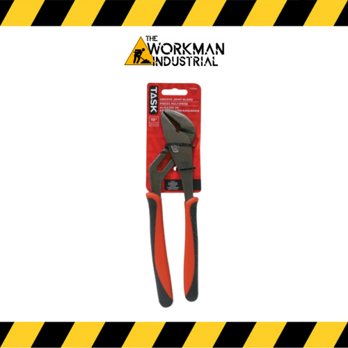 Task Tools 10-inch groove joint pliers with orange and black comfort grips.