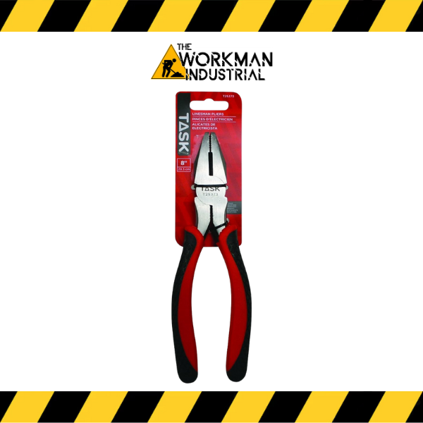 Task Tools 8-inch Linesman pliers with red and black comfort grips.