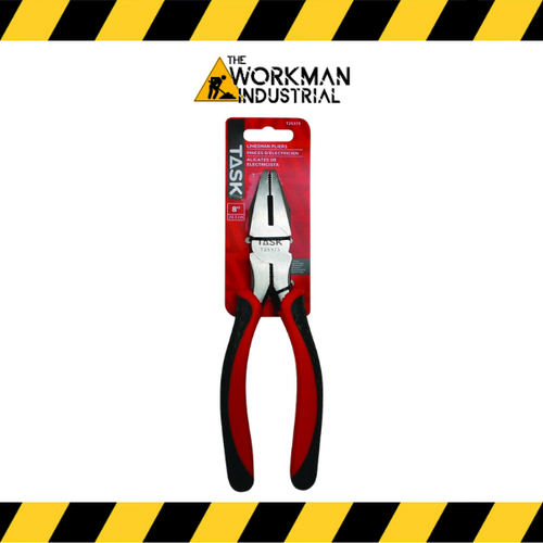 Task Tools 8-inch Linesman pliers with red and black comfort grips.