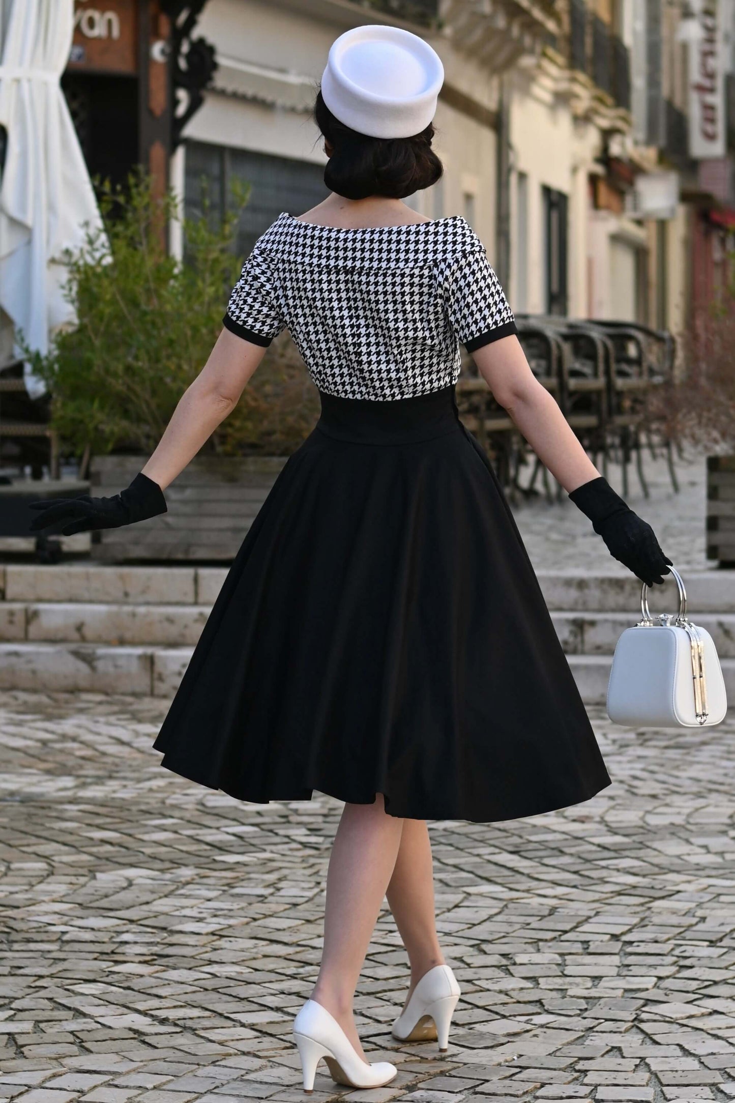 Darlene Houndstooth Roll Collar Circle Dress