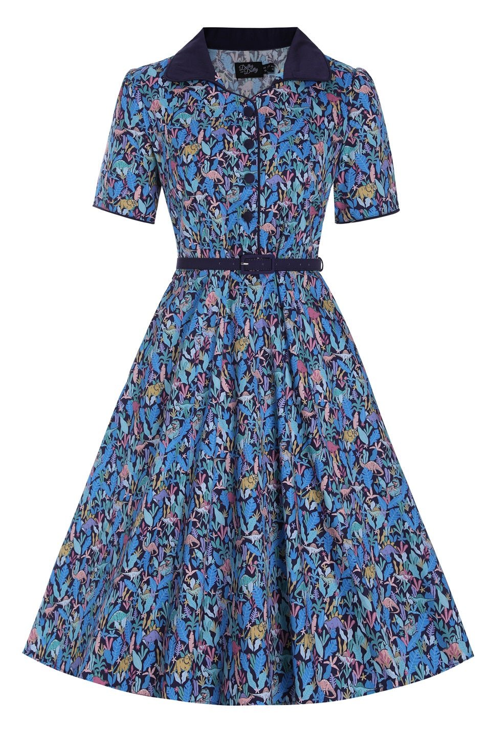 Penelope Dinosaur Shirt Dress in Navy Blue
