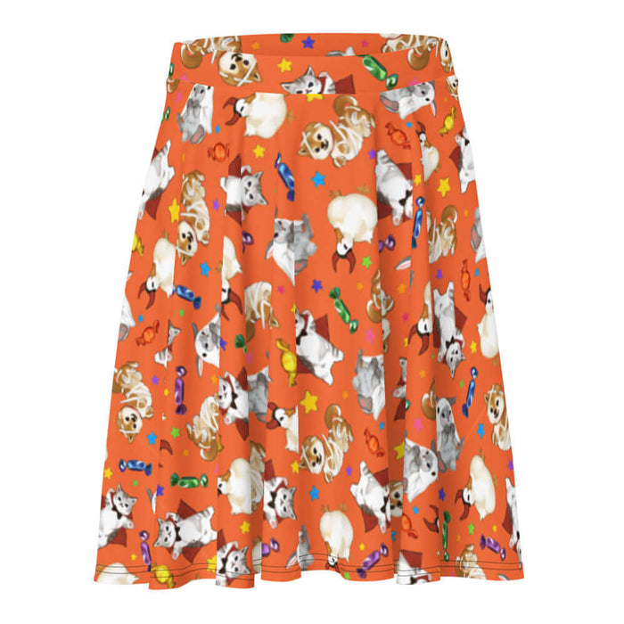 Trick or Treaters alternative skater skirt in pumpkin orange with vampire kitties and scattered stars