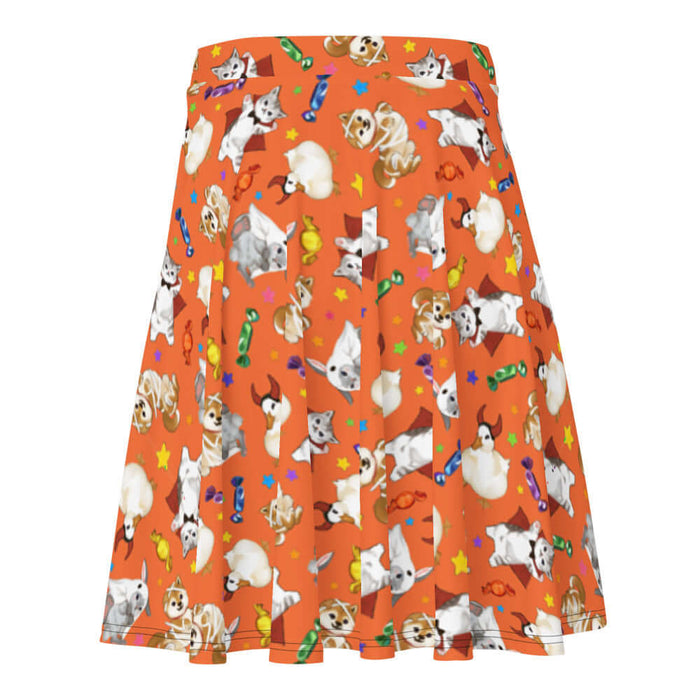 Trick or Treaters alternative skater skirt in pumpkin orange with mummy puppies and wrapped candy