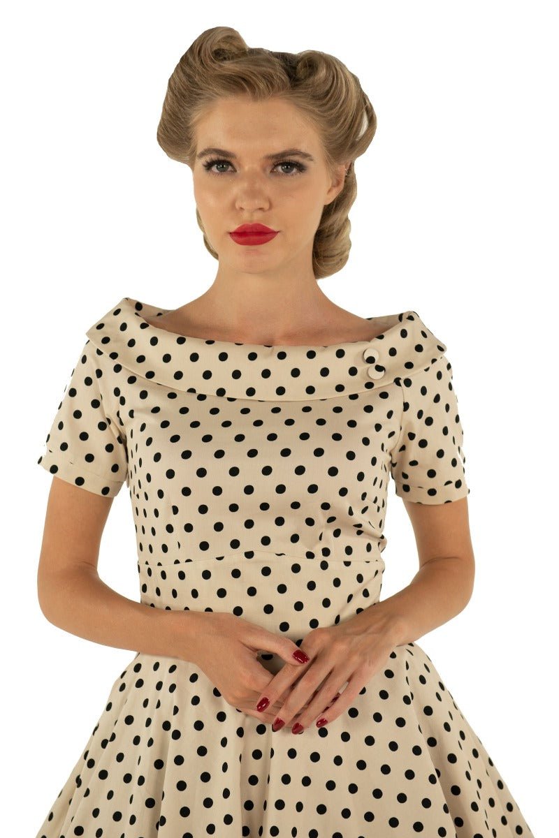 Darlene Retro Polka Dot Swing Dress in Beige