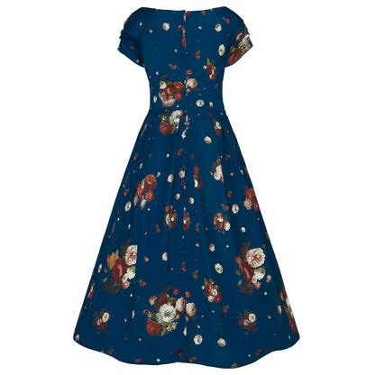 Lily Off-Shoulder 50's Dress in Blue Floral Roses Print
