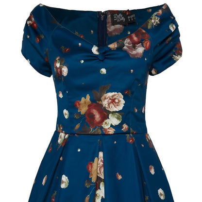 Lily Off-Shoulder 50's Dress in Blue Floral Roses Print