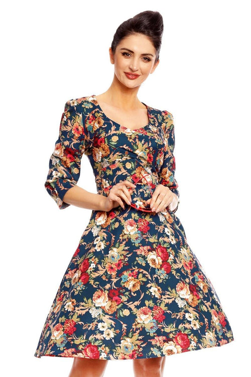 Katherine Long Sleeve 50s Style Floral Swing Dress in Purple