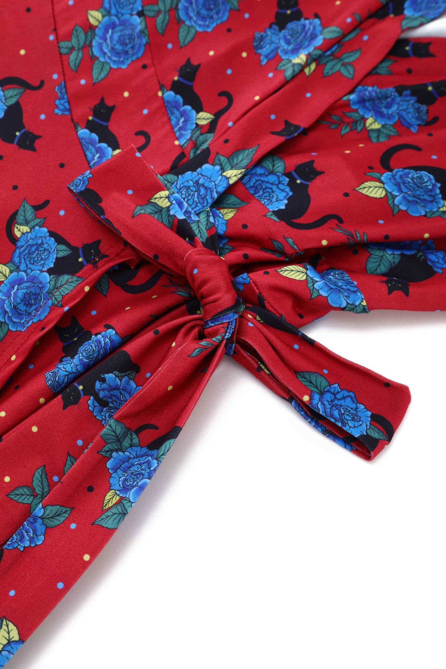 Matilda Vintage Black Cat & Rose  Wrap Dress In Red