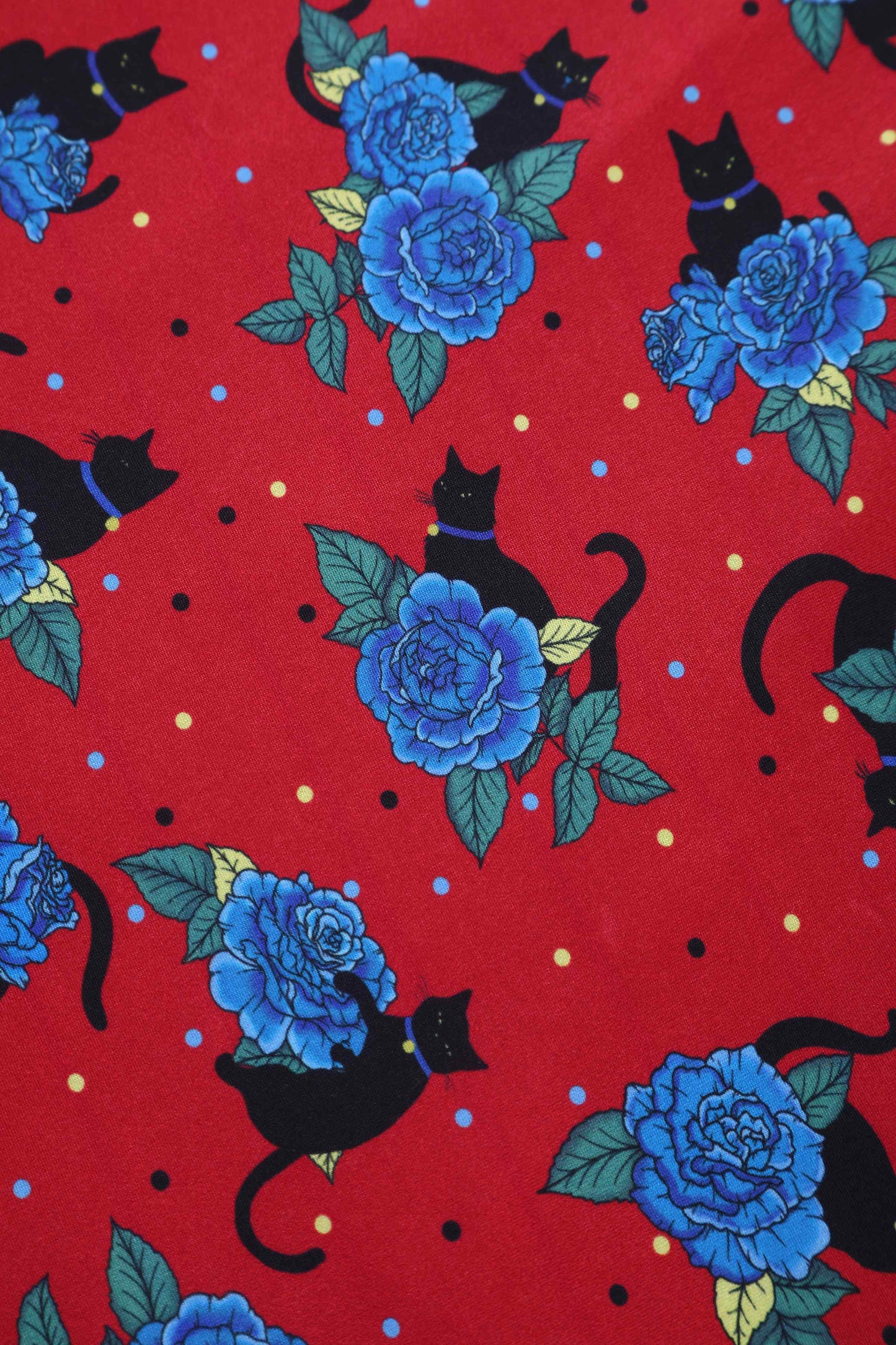 Matilda Vintage Black Cat & Rose  Wrap Dress In Red