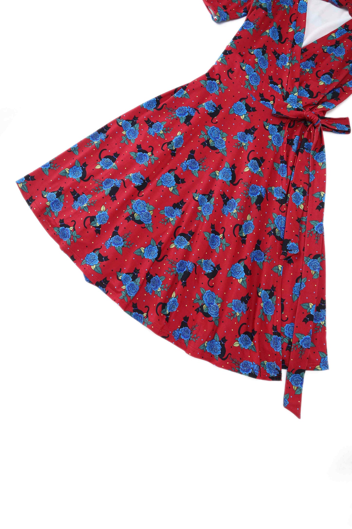 Matilda Vintage Black Cat & Rose  Wrap Dress In Red