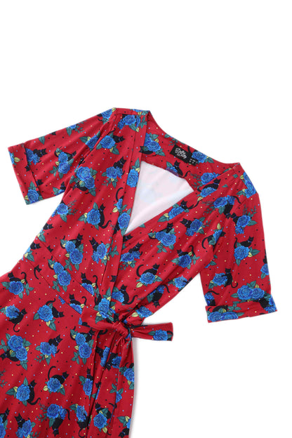Matilda Vintage Black Cat & Rose  Wrap Dress In Red