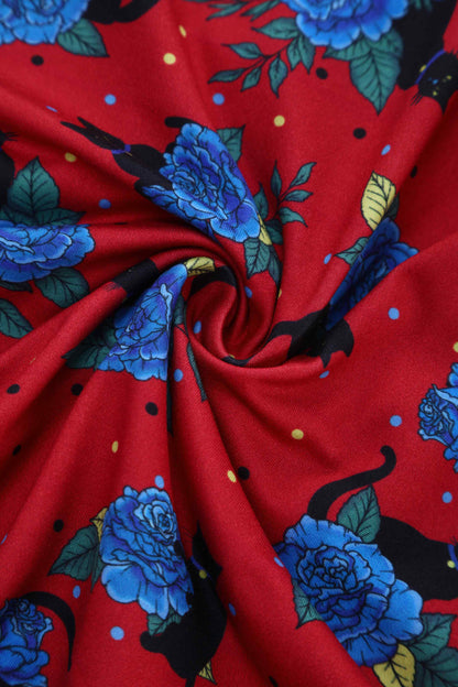 Matilda Vintage Black Cat & Rose  Wrap Dress In Red