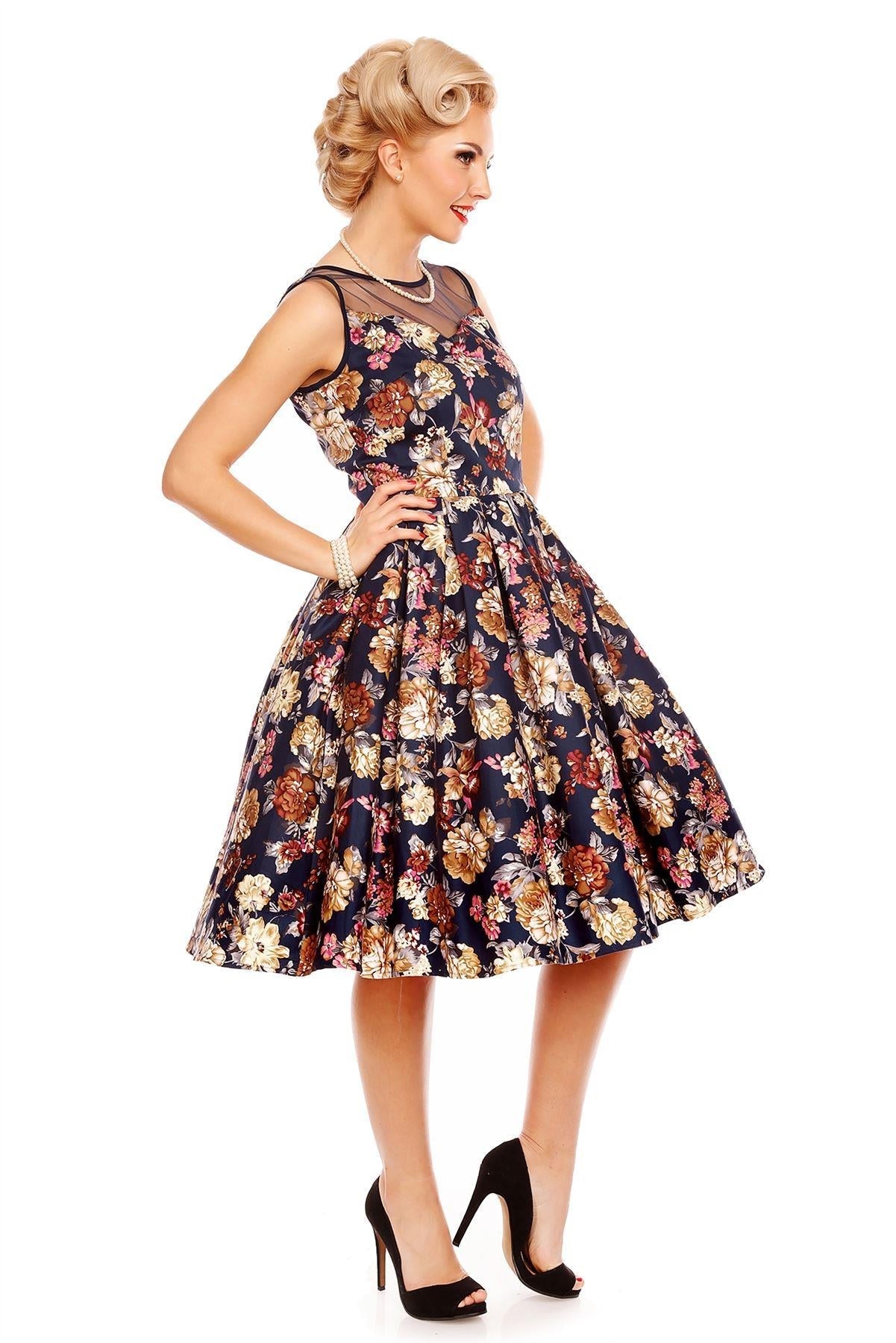 Elizabeth Vintage Style Floral Party Dress in Blue